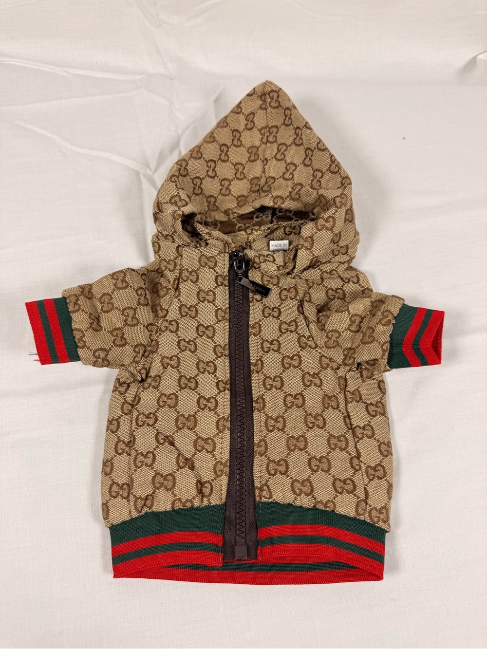 Gucci-Inspired Tan & Brown Pet Hoodie with Green-Red Accents Not Authentic